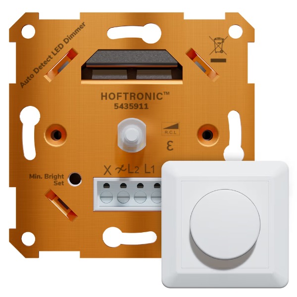 Hoftronic LED Dimmer (inbouw, 3-400W., geschikt voor fase aan- en afsnijding, incl. wit frame en druk/draaiknop, auto detectie, min/max. instelbaar) Hoftronic LED Dimmer (inbouw, 3-400W., geschikt voor fase aan- en afsnijding, incl. wit frame en druk/draaiknop, auto detectie, min/max. instelbaar)